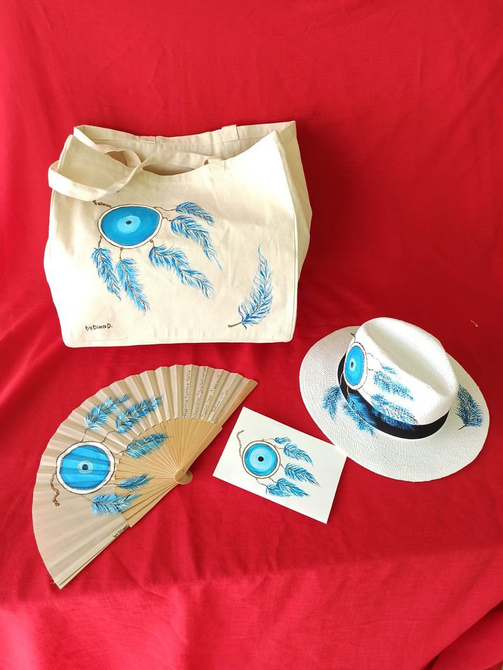 set tsanta totebag ,kapelo panama ,ventalia zografismeno , oneiropagida mple mati